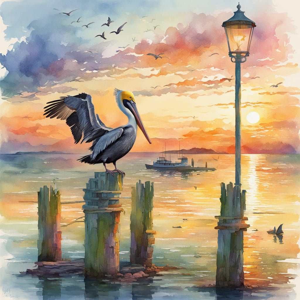 Pelican at Sunset: Digital Watercolor Seaside Summerscape