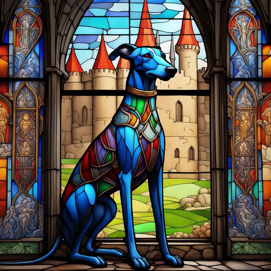 Stained Glass Greyhound in Medieval Castle Design