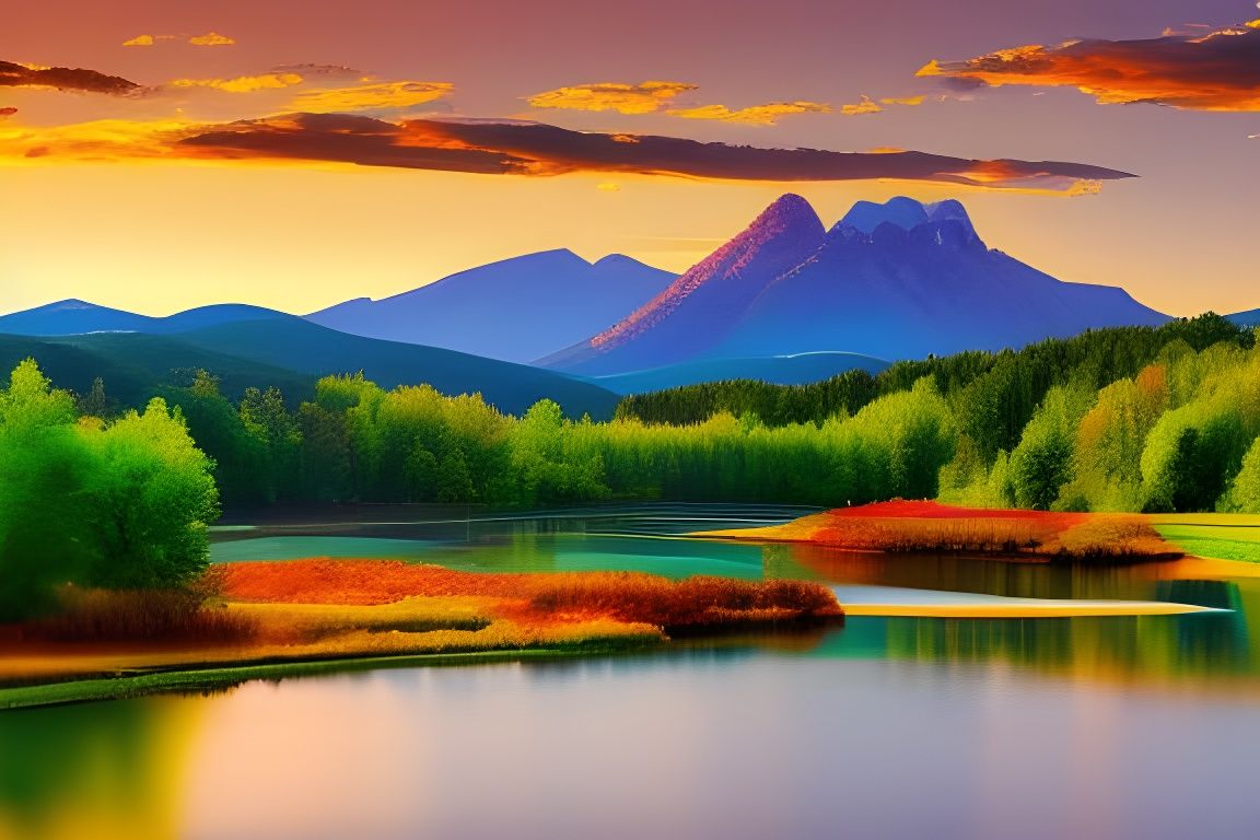 Vast Sunset Landscape with Floral Valley