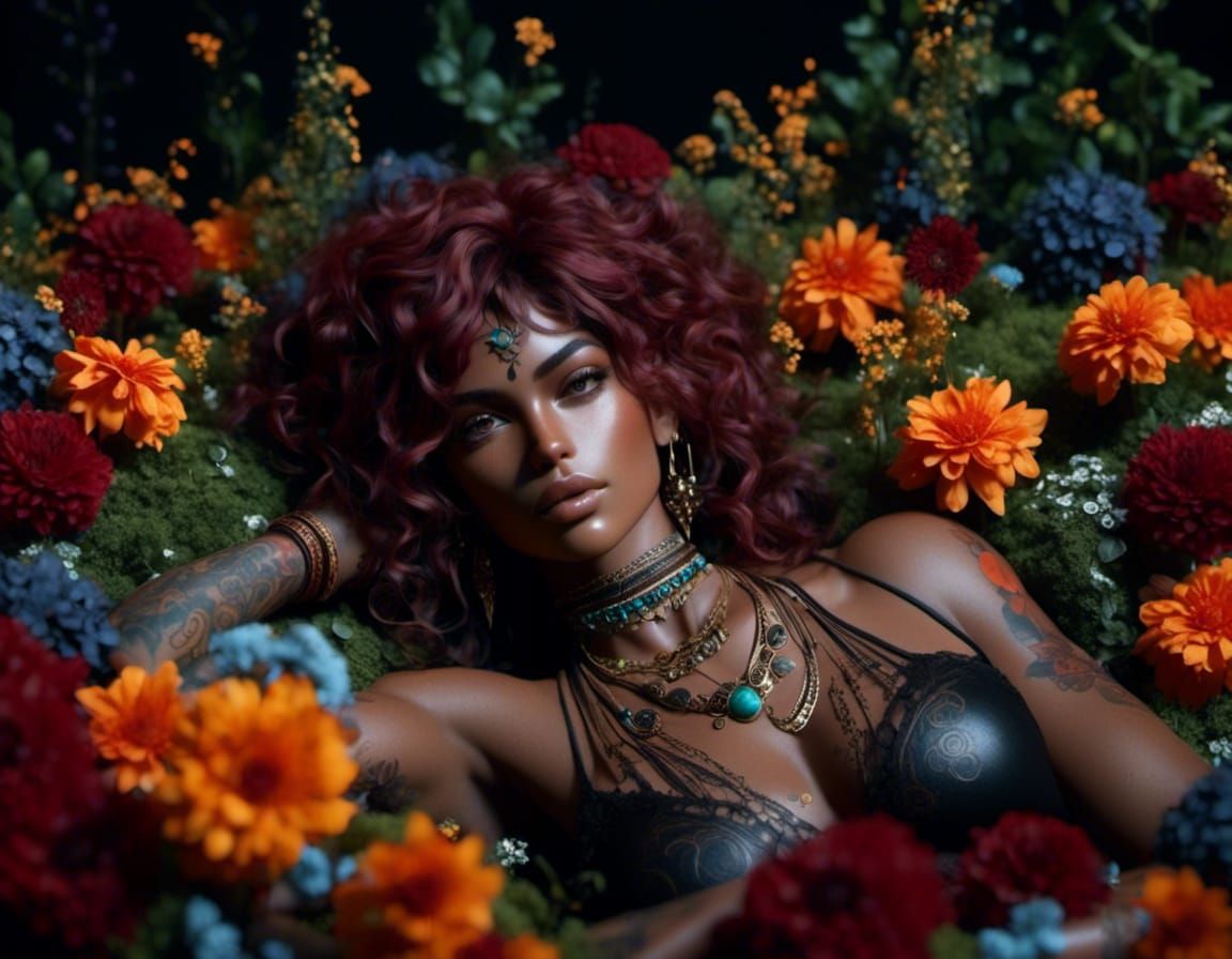 Boho Goddess in Dark Flowerbed, Hyperrealism Style