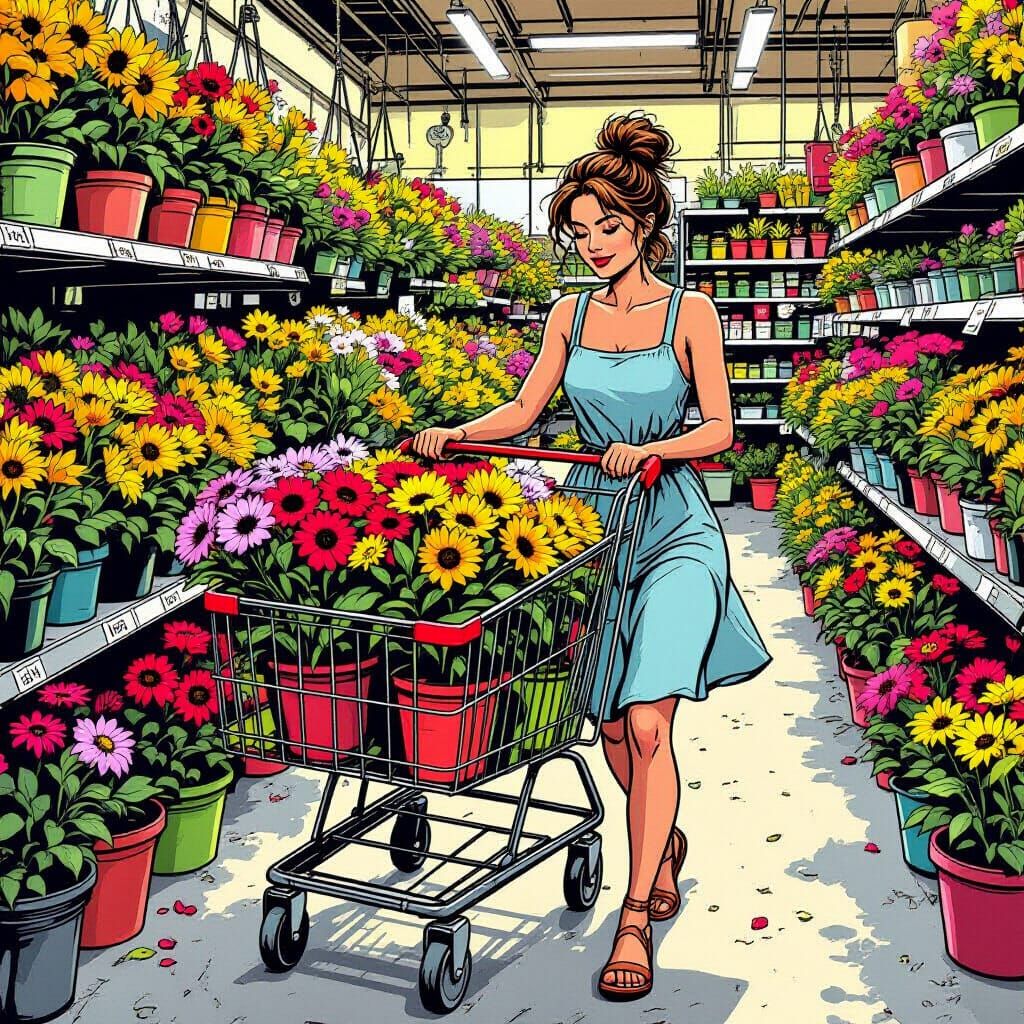 Woman's Overloaded Cart in Comic Book Style