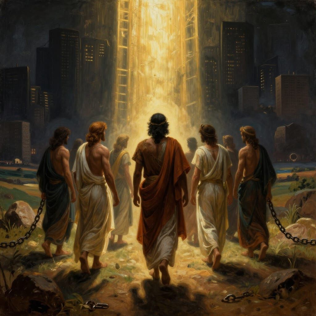 Spiritual Liberation: People Emerging into Serene Landscape