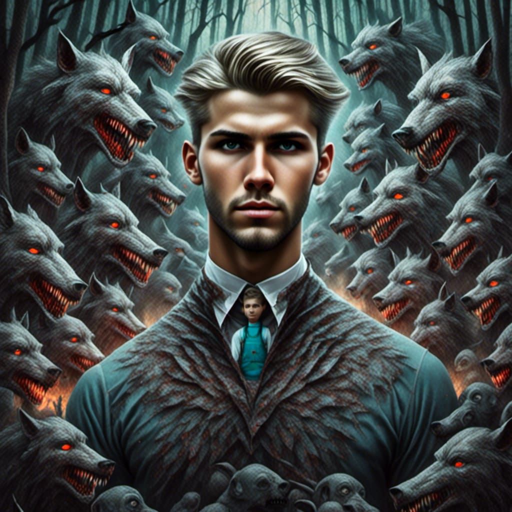 Handsome man surrounded by wolfs in horror land..