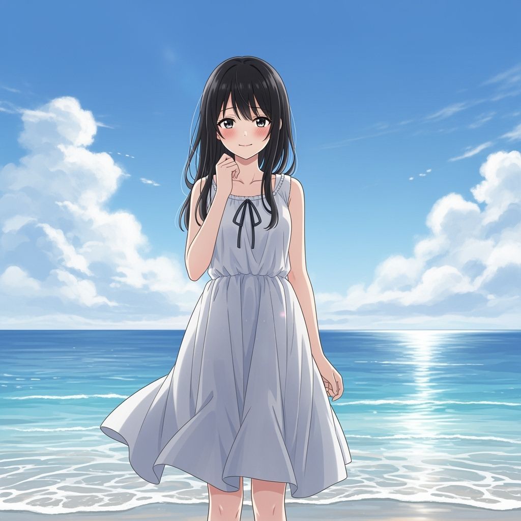 Anime Girl at Beach in Summer Dress