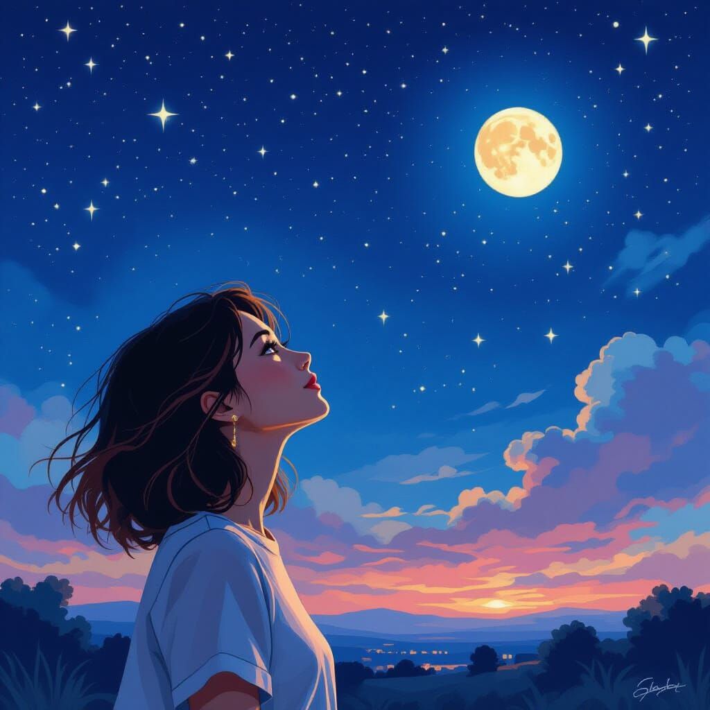 Woman Gazes at Starry Night Sky in Ethereal Style