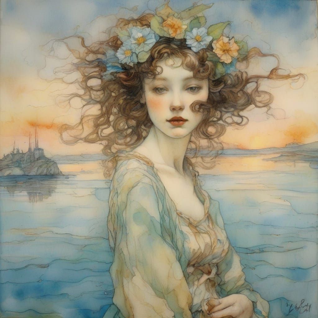 Ethereal Aqua Fairy in Soft Sunset Glow