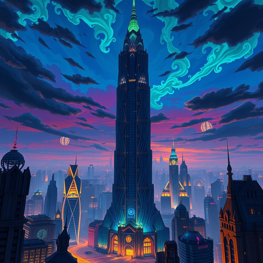 Cyberpunk Skyscraper Illuminated by Ethereal Light