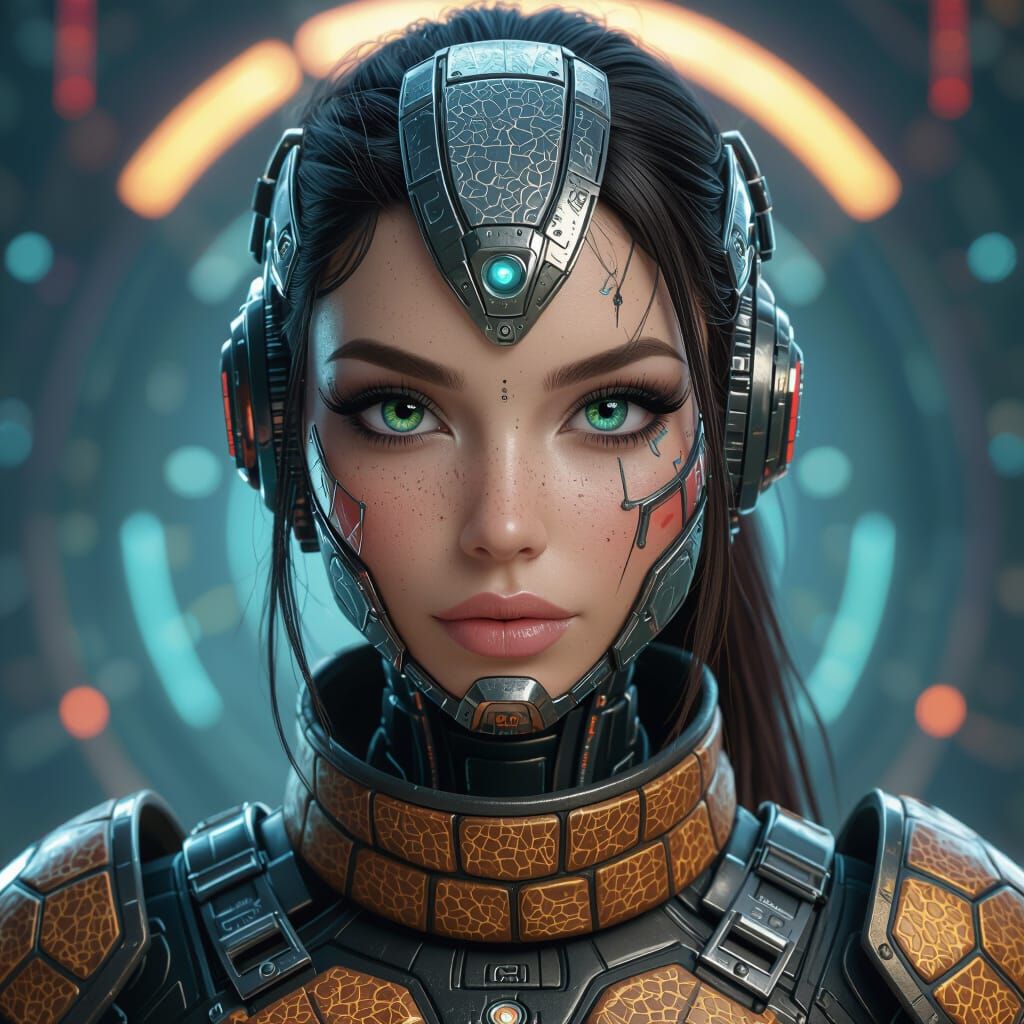 Cyborg Woman in Turtle Shell Warrior Suit