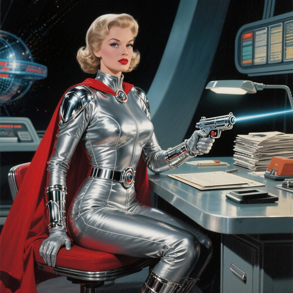 Glamorous Secretary in Flash Gordon Spacesuit at Retro Desk