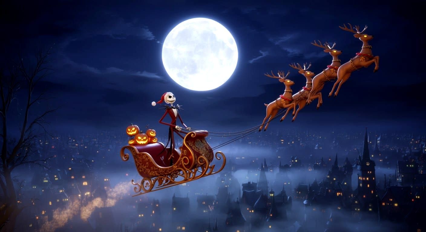 Jack Skellington Flies Santa's Sleigh: 3D Anime Art