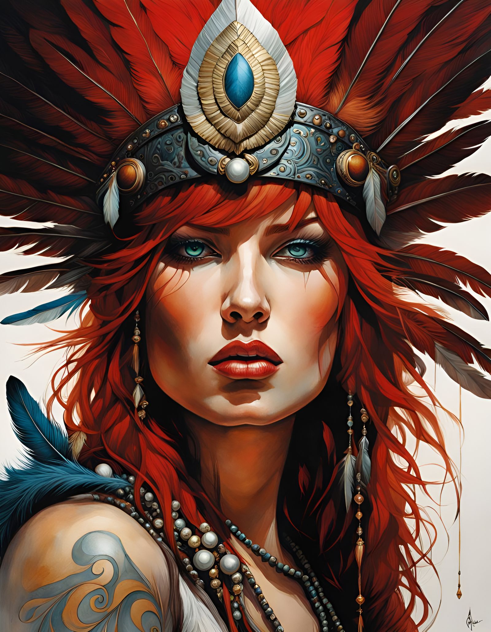 Warrior Woman Portrait in Gouache Painting Style