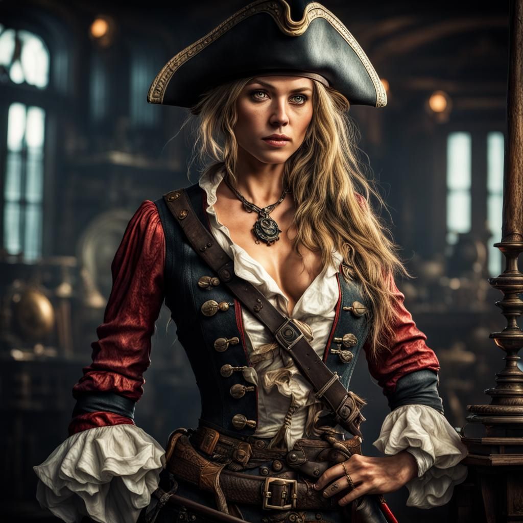 Hyperrealistic Female Pirate Portrait in High Definition