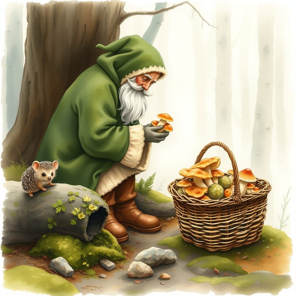 Santa Foraging Mushrooms in Misty Forest Watercolor