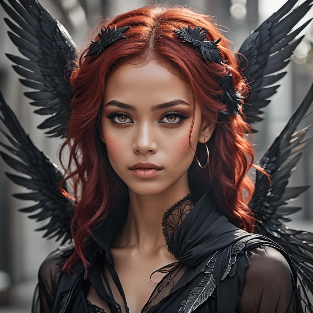 Woman with Black Wings and Translucent Eyes