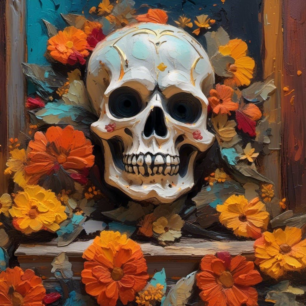 Day of the Dead Skull in Neo-Impressionist Style