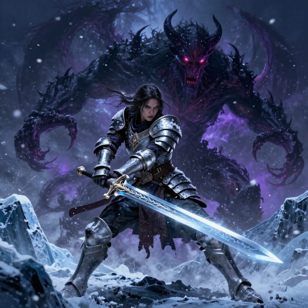 Fantasy Warrior Battles Demon in Snowy Blizzard