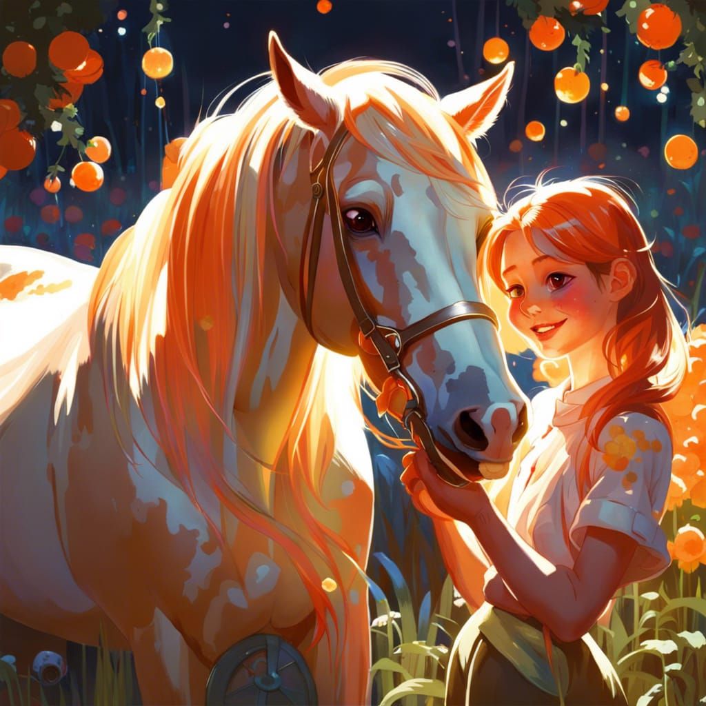 Happy Farm Girl and Horse in Digital Illustration Style