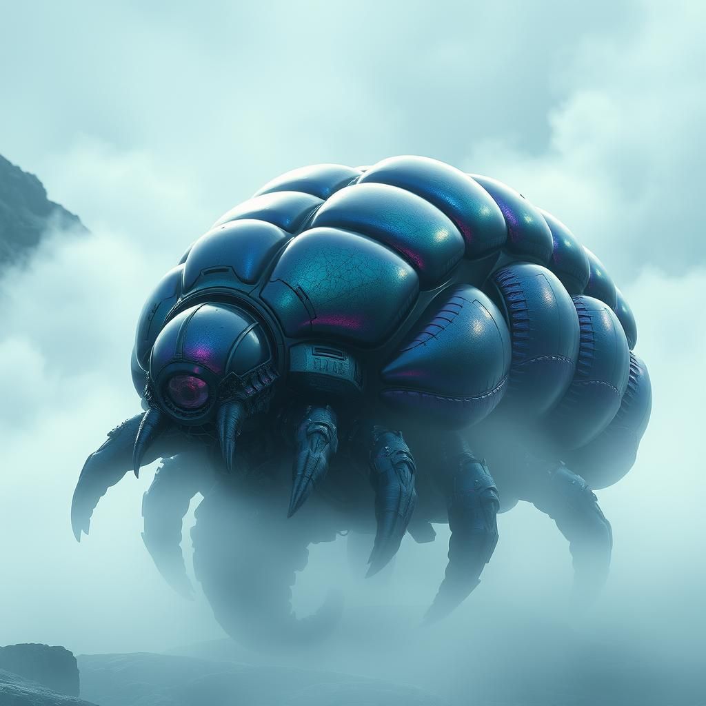 Armored Isopod Vehicle in a Dark Fantasy Landscape