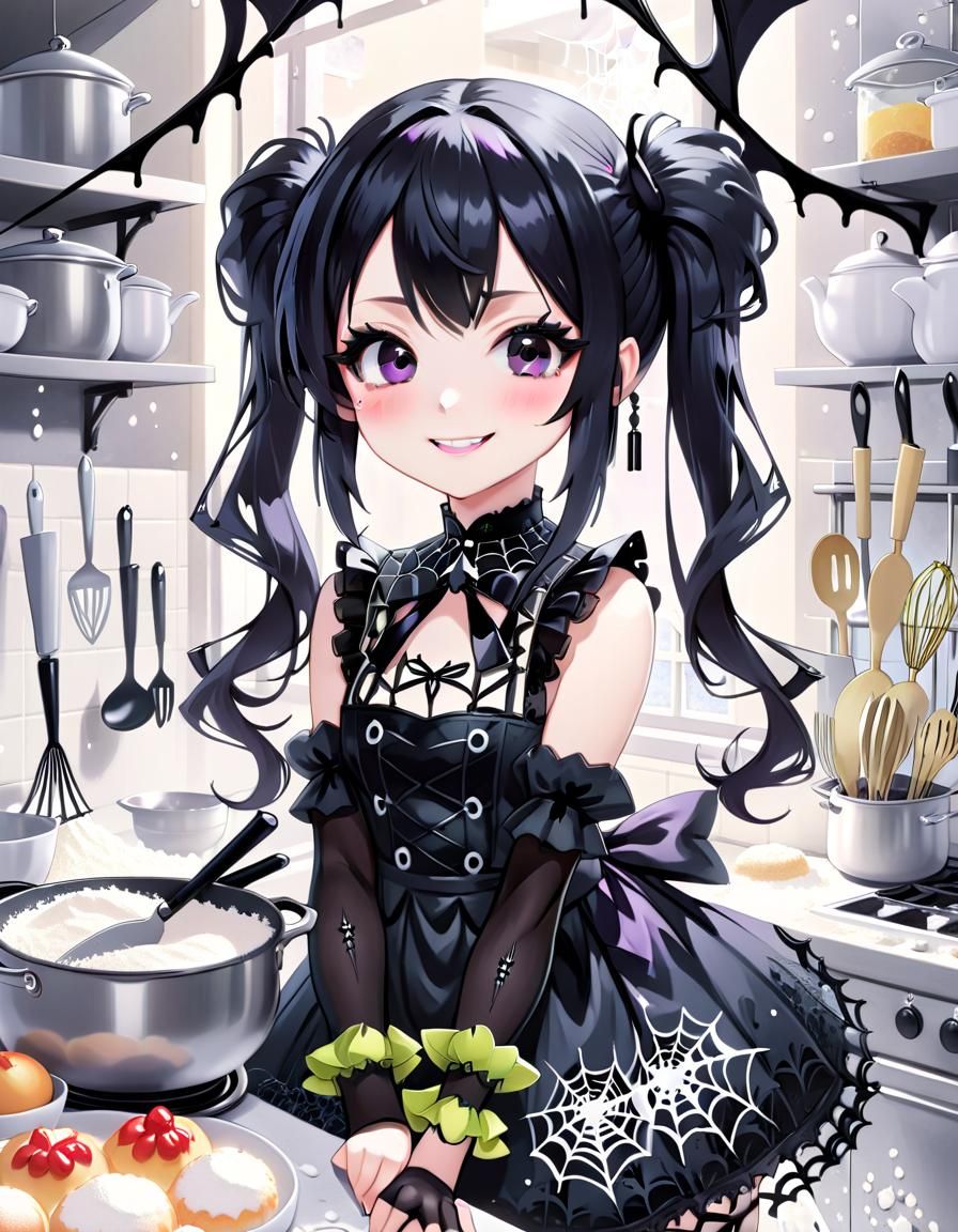 Goth Anime Girl Baking in Kitchen: Soft Pastel Art