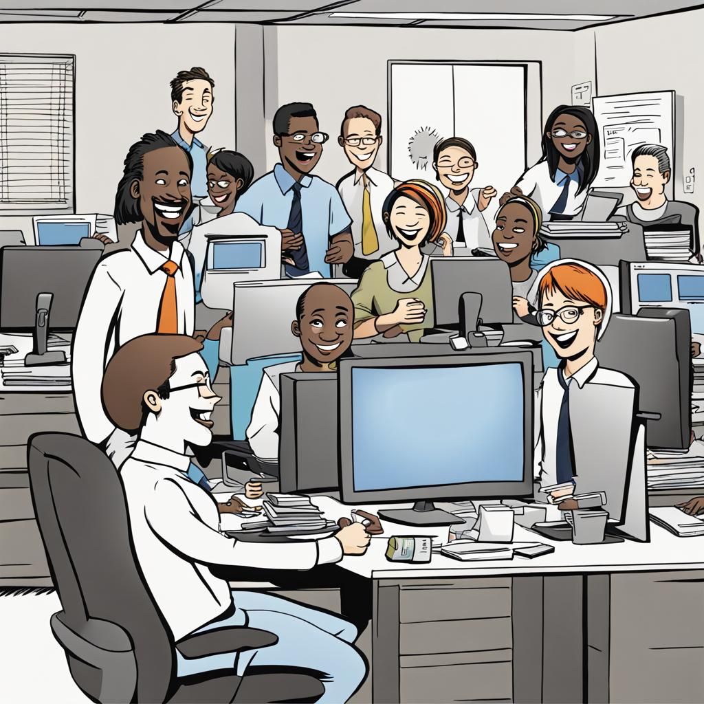 Happy IT Team Cartoon in the Office