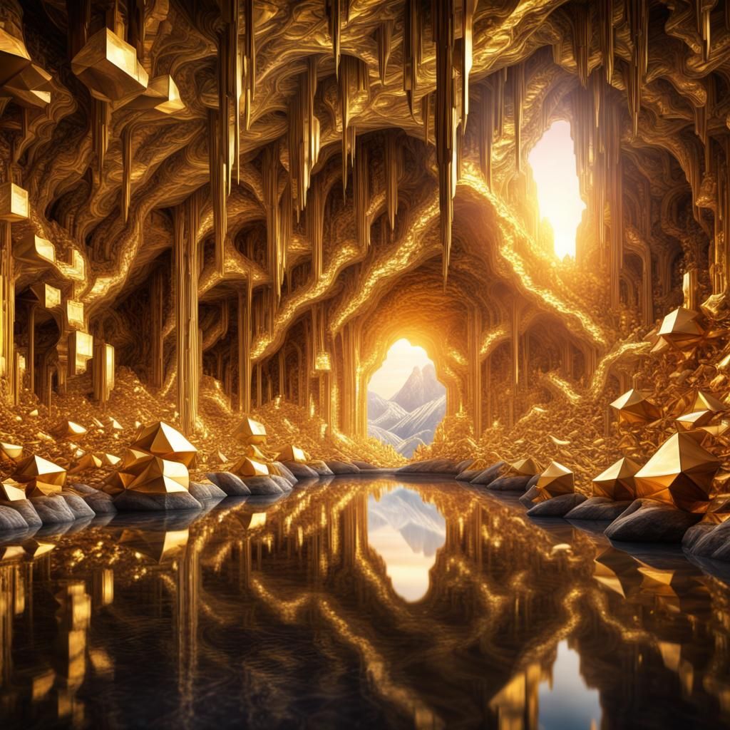 Golden City in Shimmering Crystal Cave: Hyperrealistic HDR