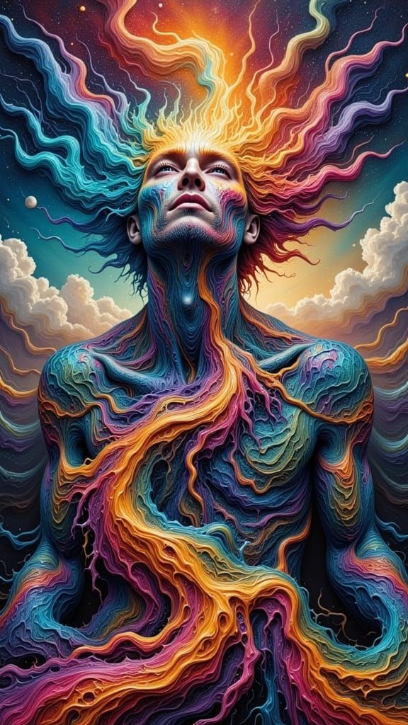Surreal Rainbow Kingdoms Intertwined with Human Form
