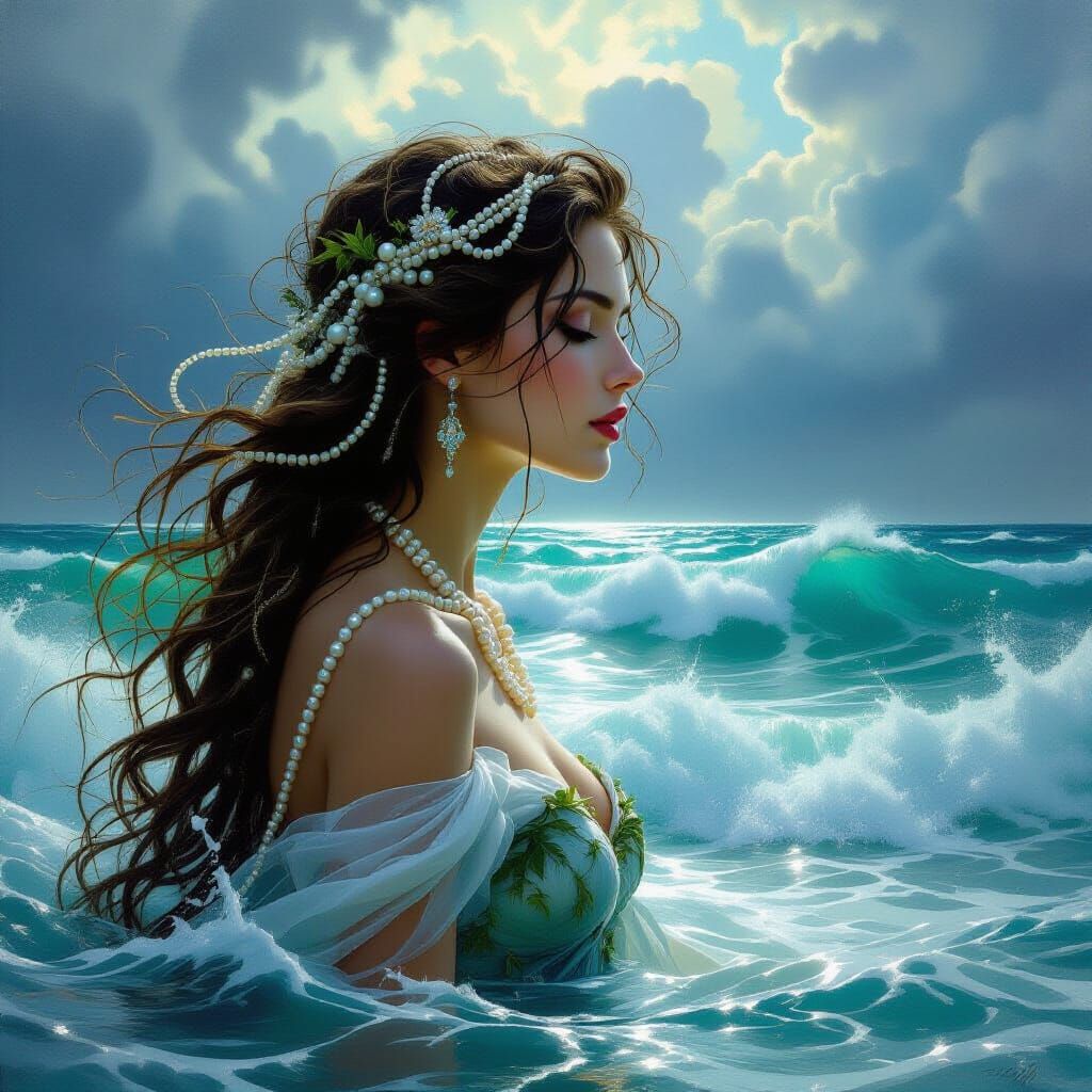 Ethereal Siren in Stormy Sea, Romantic Fantasy Art