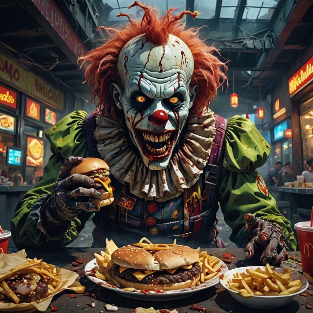 Zombie Clown Devouring McDonald's Meal in Apocalypse