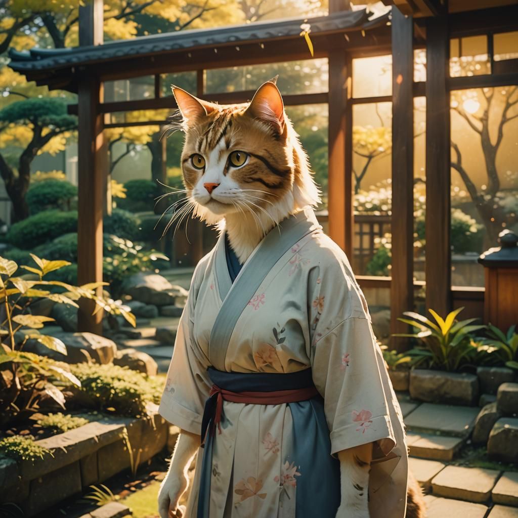 Cat Girl in Japanese Garden with Anime Style