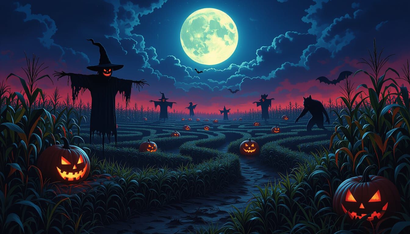 Haunted Corn Maze Under Full Moon with Werewolves