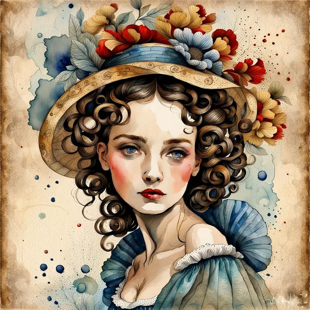 Whimsical Watercolor Portrait of a French Lady