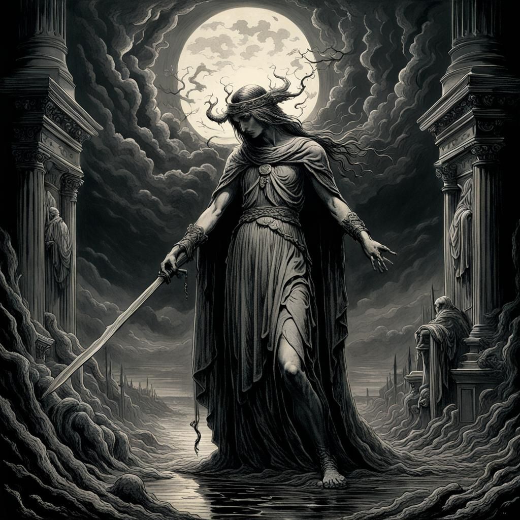 Athena Crying Blood in Gothic Horror Style