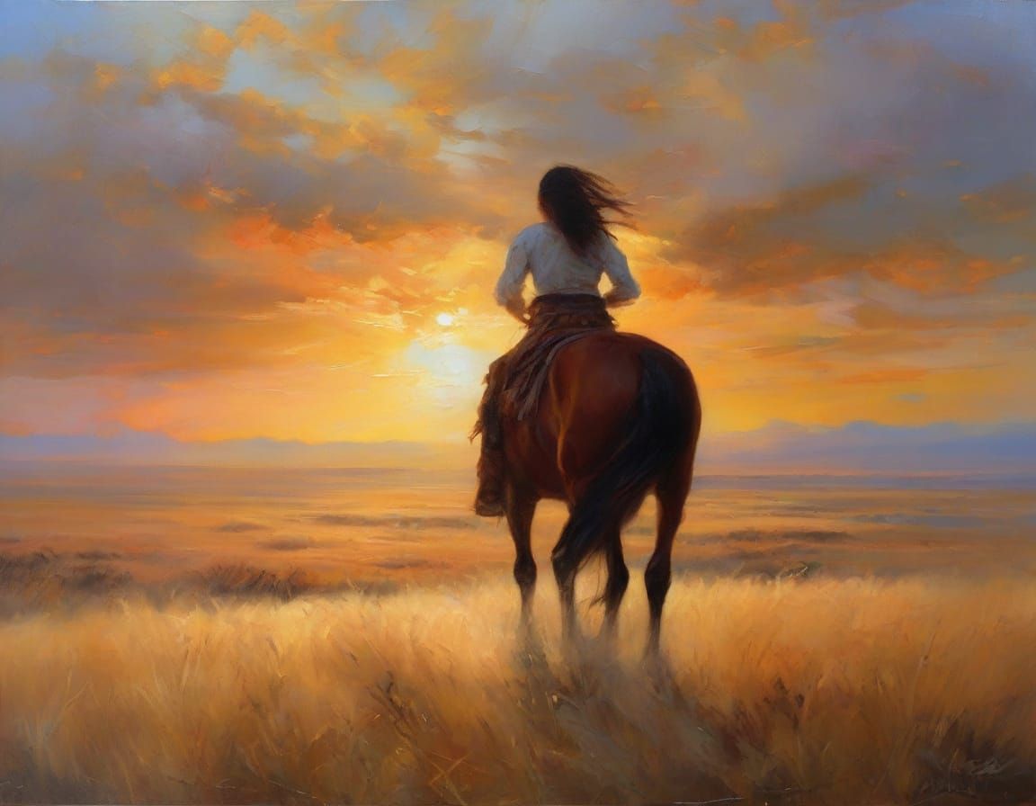 Native American Woman on Horseback in Impressionist Landscap...