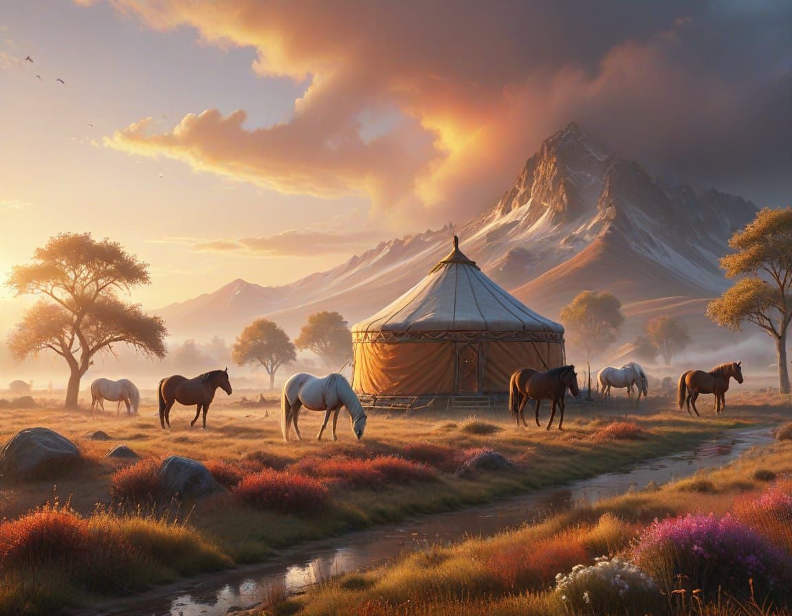 Steppe Sunrise: Horses and Yurt in Luminist Style