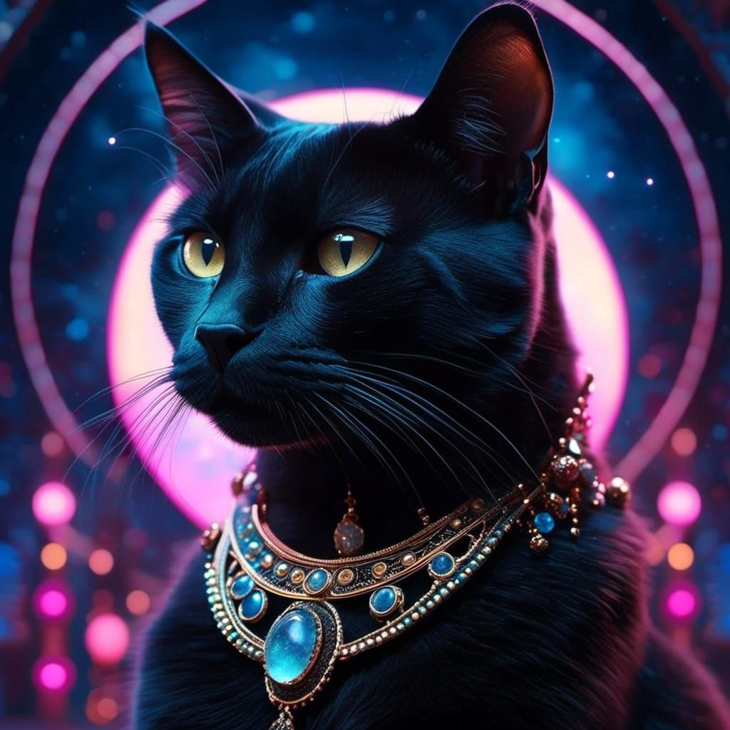 Moonlit Black Cat Portrait with Detailed Moon
