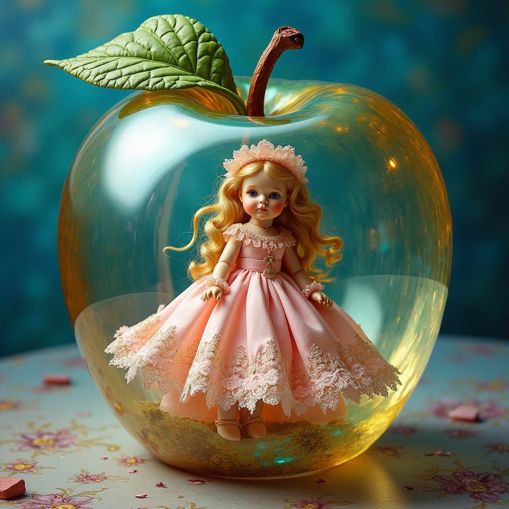 Crystal apple depicting a beautiful victorian doll inside co...