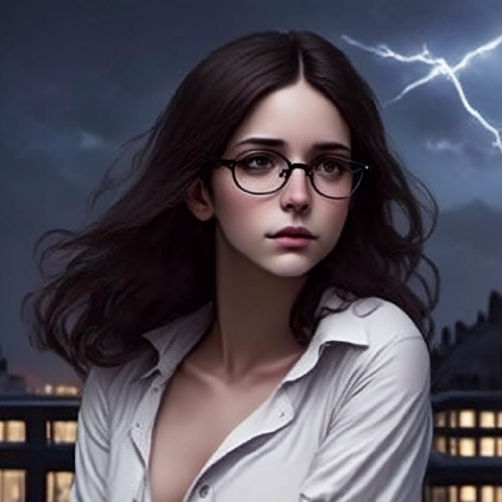 Stormy Rooftop Portrait of Woman with Glasses