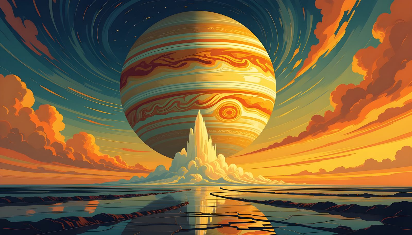 Cosmic Fountain with Jupiter in Neo-Impressionist Style