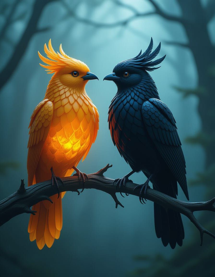 Mythical Amber and Glass Birds in Mystical Forest