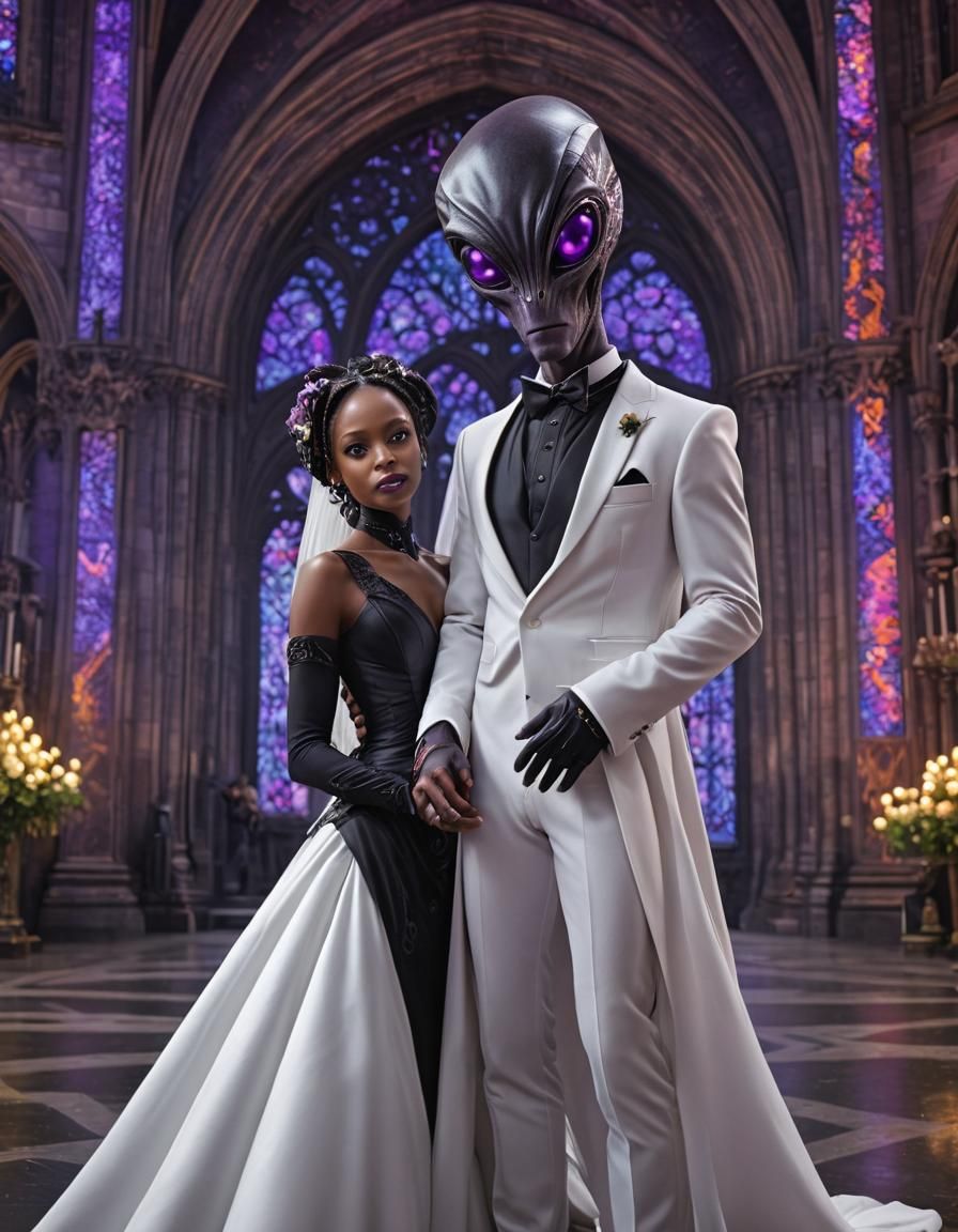 Alien Groom and Bride Wedding in Spacepunk Cathedral