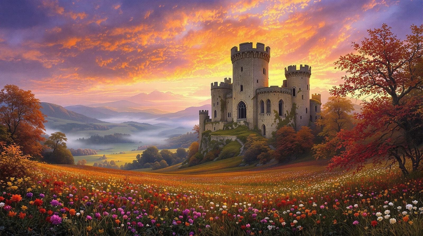 Fantasy Kingdom with Autumn Forest in Pre-Raphaelite Style