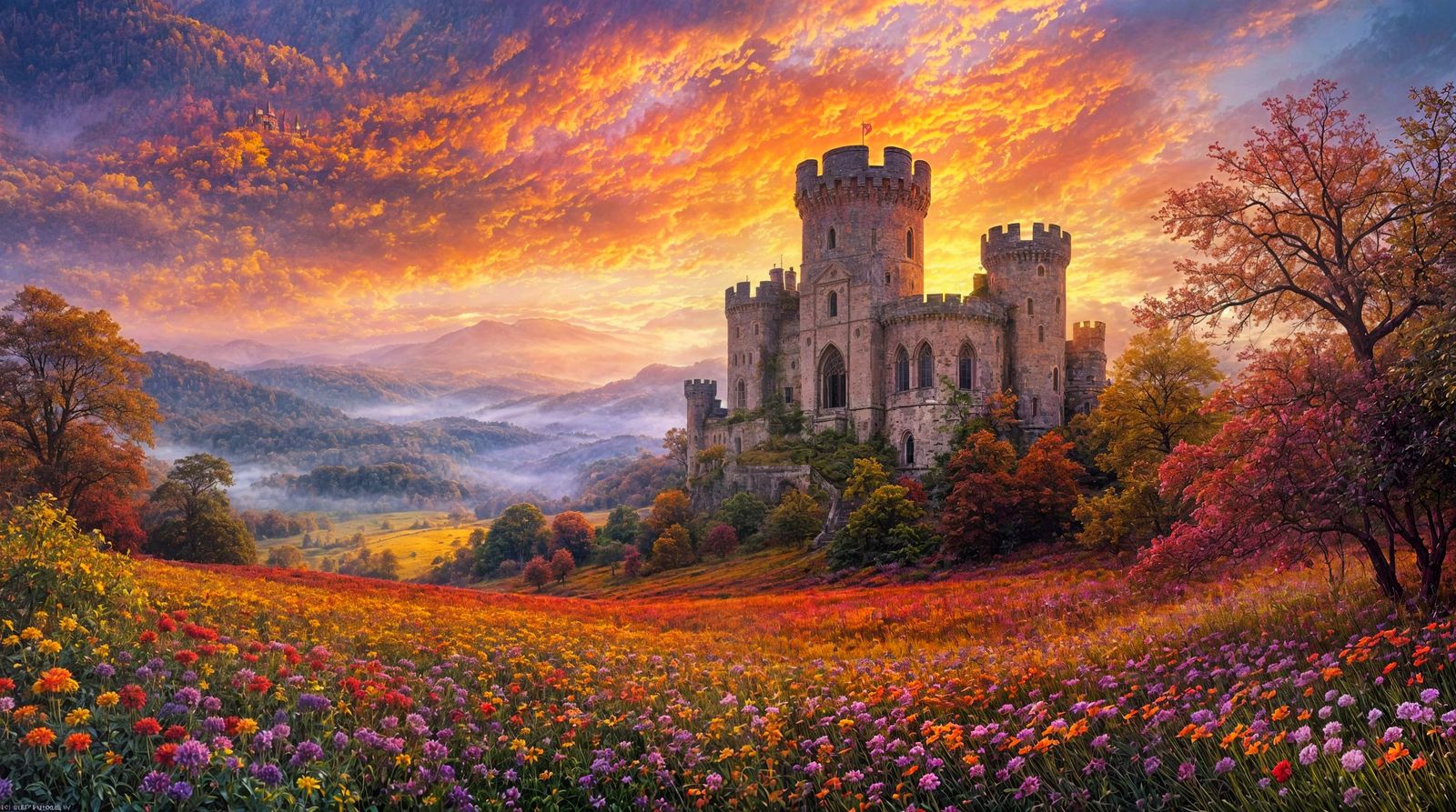 Fantasy Kingdom with Autumn Forest in Pre-Raphaelite Style