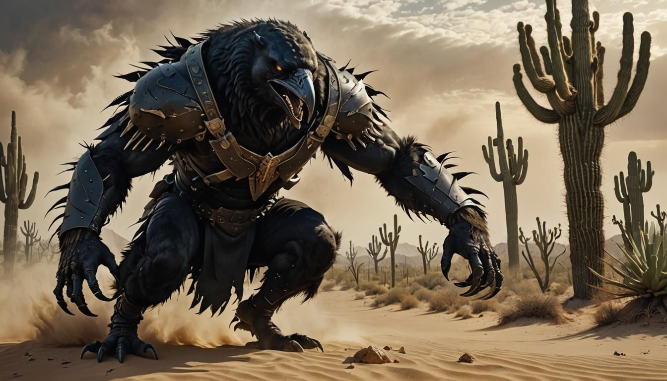 Hyperrealistic Crow Wolfman Emerging from Desert Storm