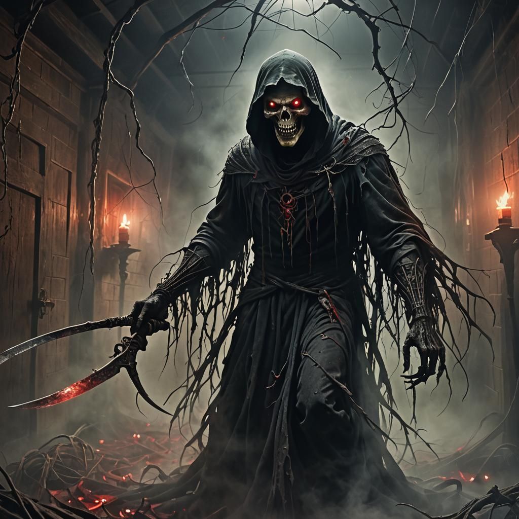 Eerie Ghost Emerges from Basement in Dark Surrealism