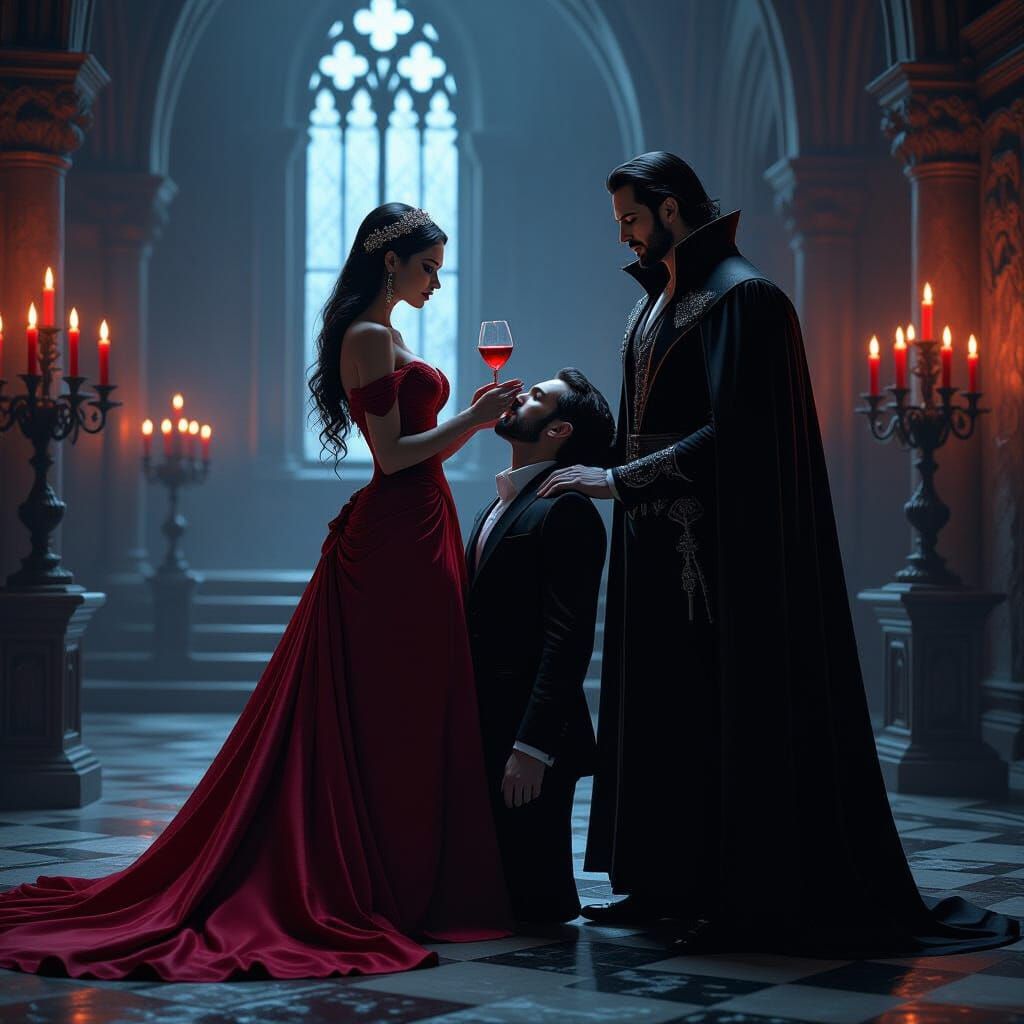 Gothic Vampire Scene in Hyperrealistic Dark Style