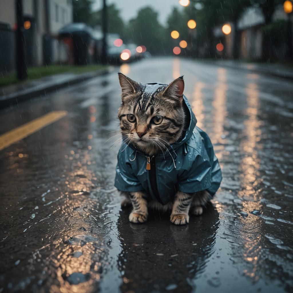 Crying Cat in Rain Jacket, Cinematic Film Still