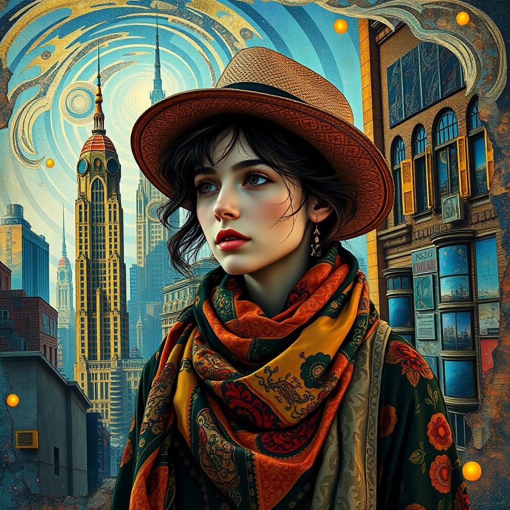 Bohemian Woman in Dreamlike Vaporwave Cityscape