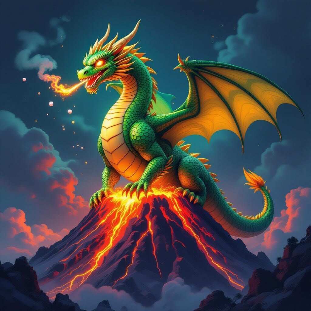 Neon Dragon Perched Atop Orange Juice Volcano