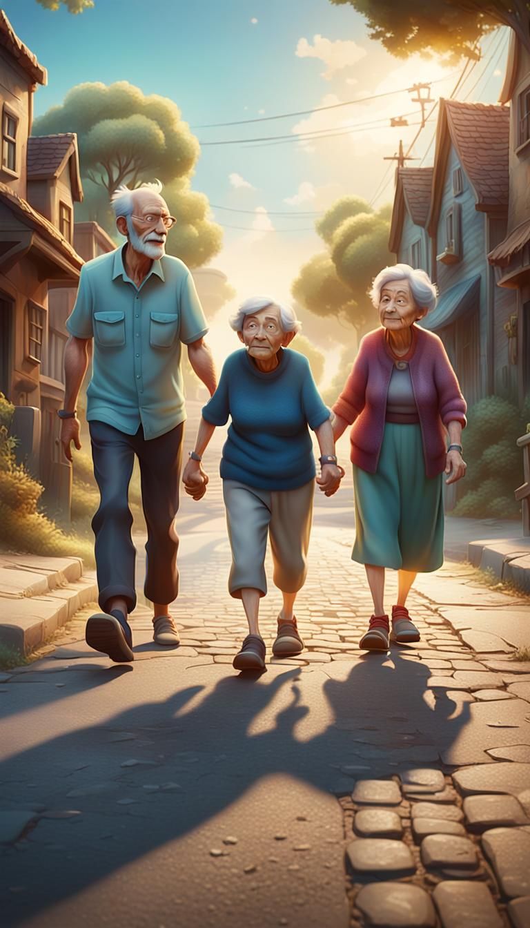 Boy Guides Elderly Couple in Pixar-Style Art