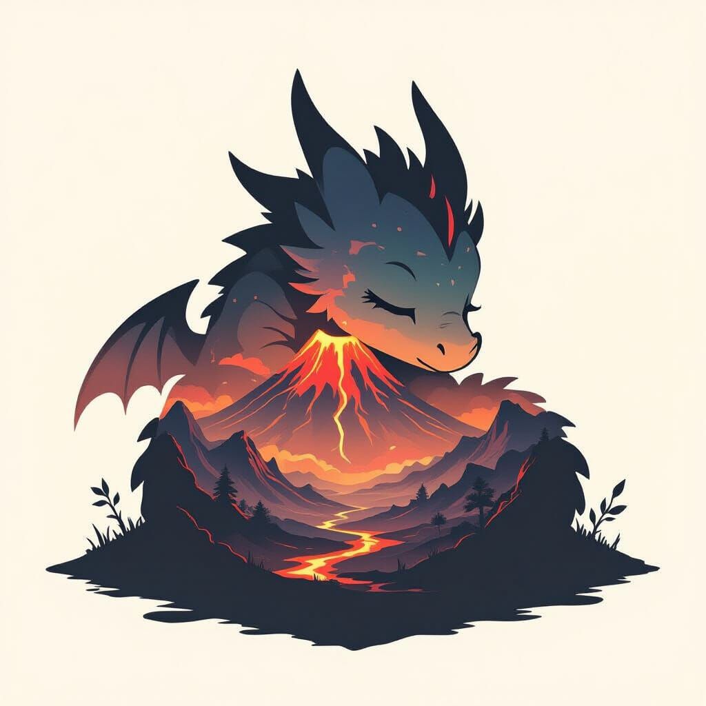 Chibi Dragon Silhouette with Volcanic Landscape